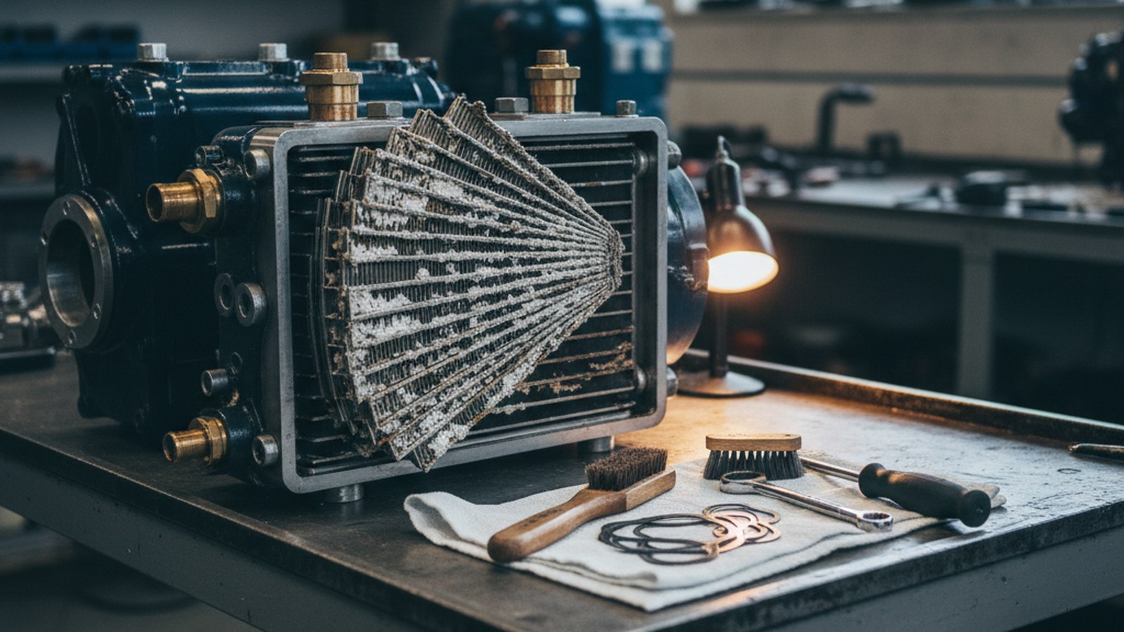 Rozłożony wymiennik ciepła silnika okrętowego z widocznym osadem mineralnym na płytach