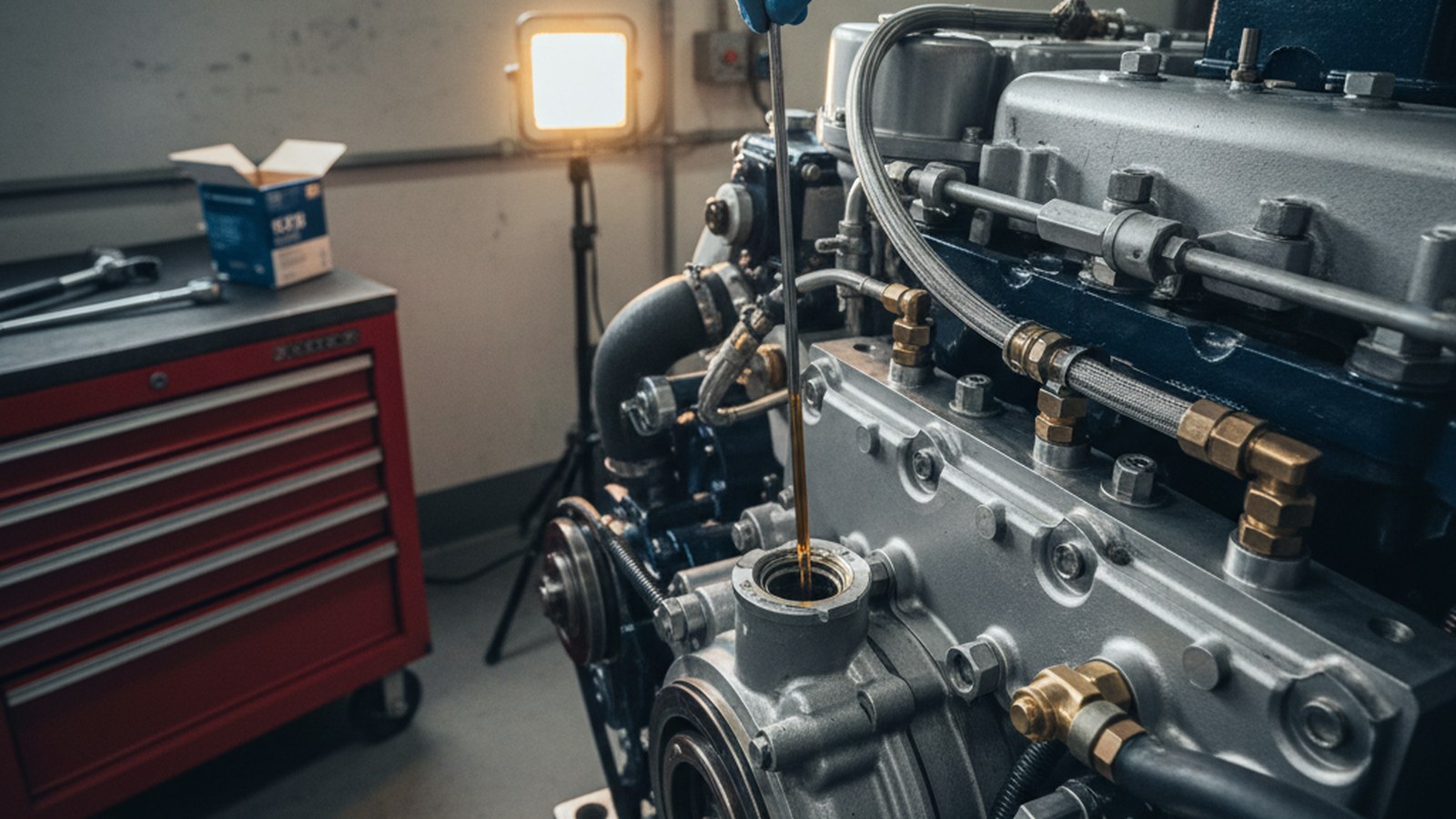 Kontrola poziomu oleju w silniku głównym przed pierwszym rozruchem po zimie