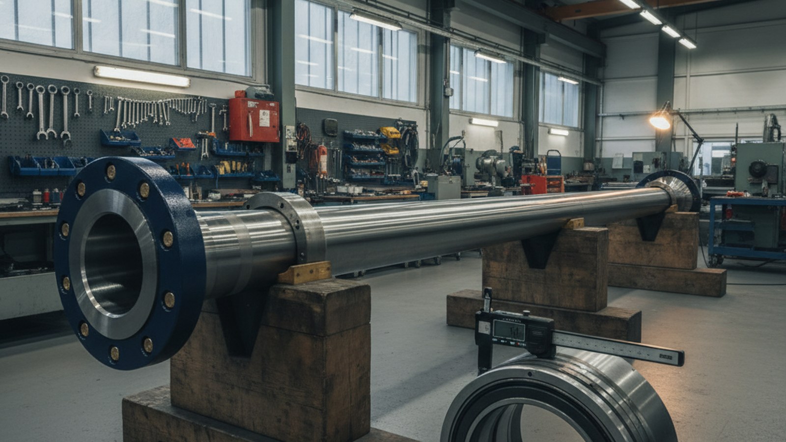 Zdemontowany wał napędowy jednostki motorowej na stojakach warsztatowych